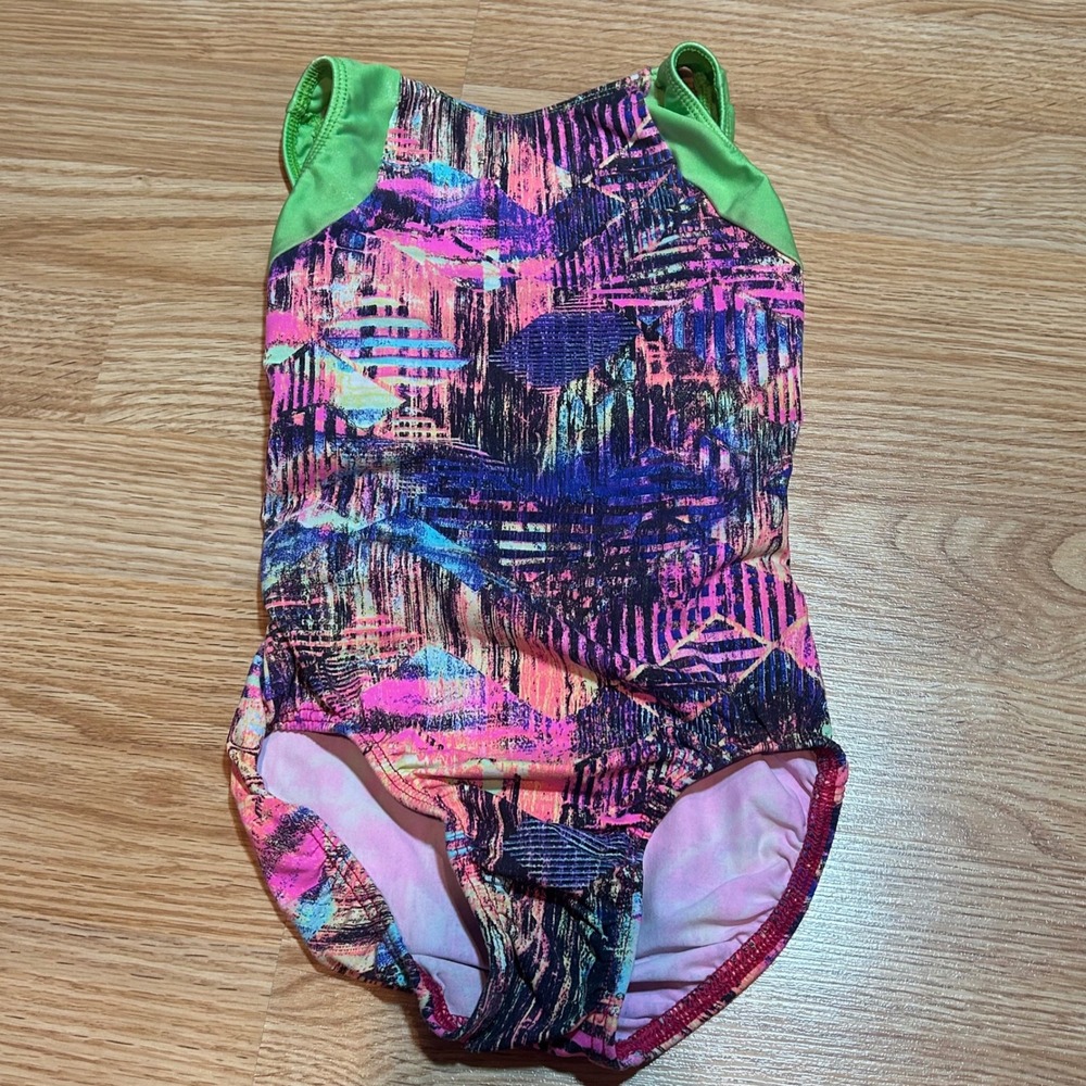 Girls Gymnastics Leotard Abstract Pink Purple Green Cutout Back Athletic